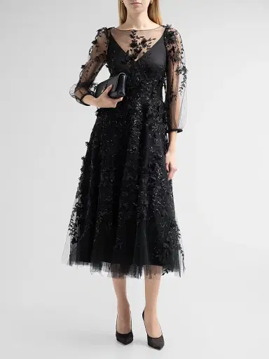 MAISON COMMON Women's Floral Embroidered Tulle Illusion Midi Dress | Thumbnail 2