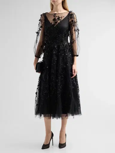 MAISON COMMON Women's Floral Embroidered Tulle Illusion Midi Dress | Thumbnail 4