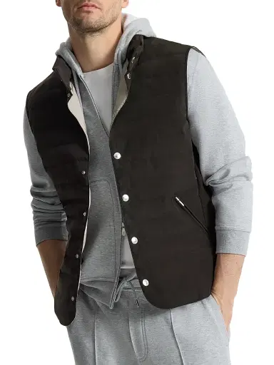 Brunello Cucinelli Men's Bonded Nylon Down Vest with Detachable Hood | Thumbnail 4 Brunello Cucinelli Men's Bonded Nylon Down Vest with Detachable Hood | Thumbnail 4