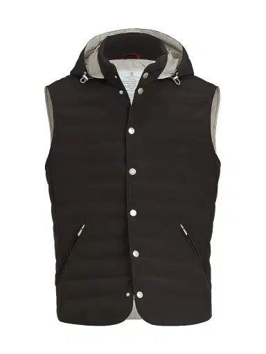 Brunello Cucinelli Men's Bonded Nylon Down Vest with Detachable Hood | Thumbnail 1 Brunello Cucinelli Men's Bonded Nylon Down Vest with Detachable Hood | Thumbnail 1
