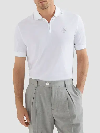 Brunello Cucinelli Men's Techno Piqué Polo Shirt with Half Zip | Thumbnail 6