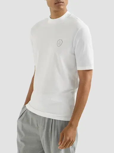 Brunello Cucinelli Men's Techno Piqué Mockneck T-Shirt with Logo | Thumbnail 3