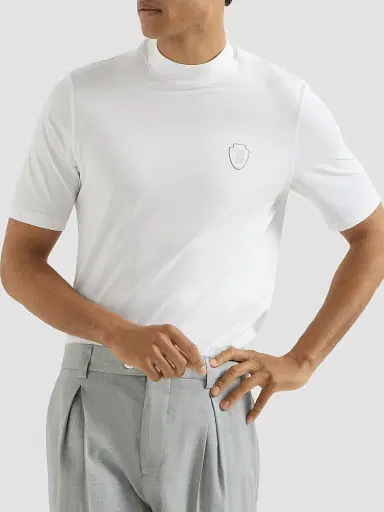 Brunello Cucinelli Men's Techno Piqué Mockneck T-Shirt with Logo | Thumbnail 5