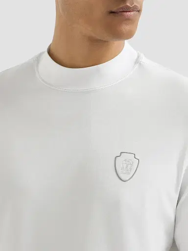 Brunello Cucinelli Men's Techno Piqué Mockneck T-Shirt with Logo | Thumbnail 6