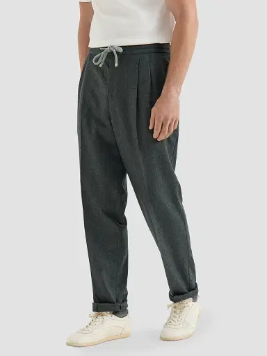 Brunello Cucinelli Men's Virgin Wool Flannel Trousers with Drawstring and Double Pleats | Thumbnail 3