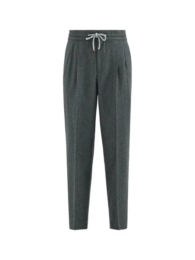 Brunello Cucinelli Men's Virgin Wool Flannel Trousers with Drawstring and Double Pleats