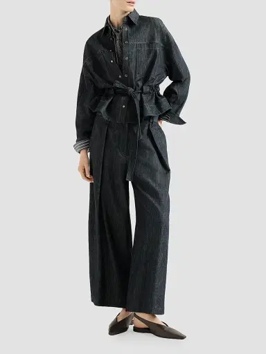 Brunello Cucinelli Women's Denim-Effect Twill Pleated A-line Trousers | Thumbnail 2