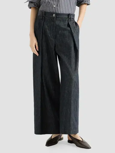 Brunello Cucinelli Women's Denim-Effect Twill Pleated A-line Trousers | Thumbnail 3