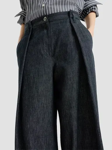 Brunello Cucinelli Women's Denim-Effect Twill Pleated A-line Trousers | Thumbnail 6