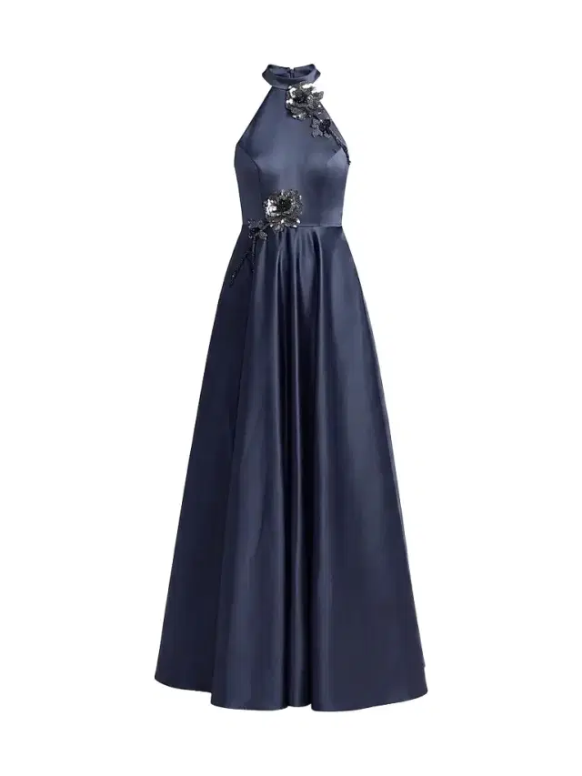 Women's Satin Sequin Floral A-Line Gown