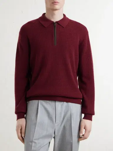 Canali Nubuck-Trimmed Wool and Cashmere-Blend Half-Zip Polo Sweater - Men | Thumbnail 3