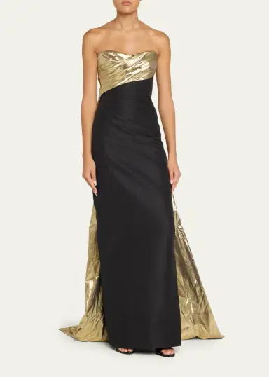 MONIQUE LHUILLIER Strapless Draped Metallic Lame Train Gown | Thumbnail 2