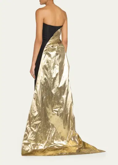 MONIQUE LHUILLIER Strapless Draped Metallic Lame Train Gown | Thumbnail 3