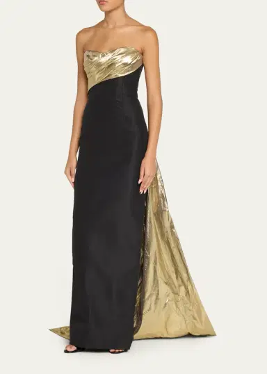 MONIQUE LHUILLIER Strapless Draped Metallic Lame Train Gown | Thumbnail 4