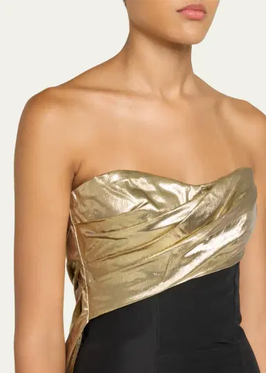 MONIQUE LHUILLIER Strapless Draped Metallic Lame Train Gown | Thumbnail 5