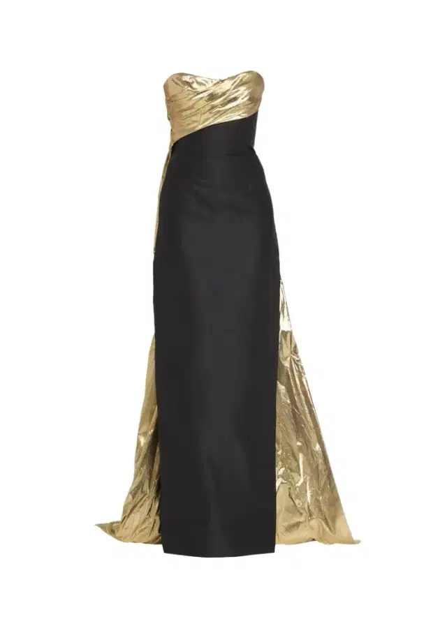 MONIQUE LHUILLIER Strapless Draped Metallic Lame Train Gown