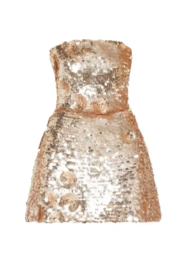 Flower Applique Strapless Sequined Mini Dress Flower Applique Strapless Sequined Mini Dress