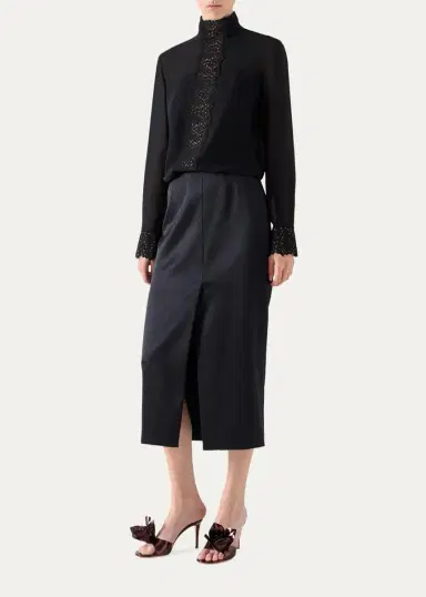 Akris Mock-Neck Lace Inset Long-Sleeve Blouse | Thumbnail 2 Akris Mock-Neck Lace Inset Long-Sleeve Blouse | Thumbnail 2