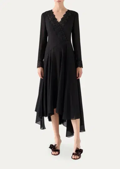 Akris Lace V-Neck Silk Georgette Asymmetric Midi Dress | Thumbnail 2 Akris Lace V-Neck Silk Georgette Asymmetric Midi Dress | Thumbnail 2