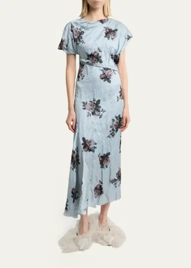 Erdem Floral Crushed Satin Short-Sleeve Asymmetric Midi Dress | Thumbnail 2 Erdem Floral Crushed Satin Short-Sleeve Asymmetric Midi Dress | Thumbnail 2