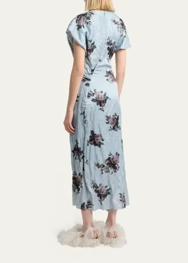 Erdem Floral Crushed Satin Short-Sleeve Asymmetric Midi Dress | Thumbnail 3 Erdem Floral Crushed Satin Short-Sleeve Asymmetric Midi Dress | Thumbnail 3