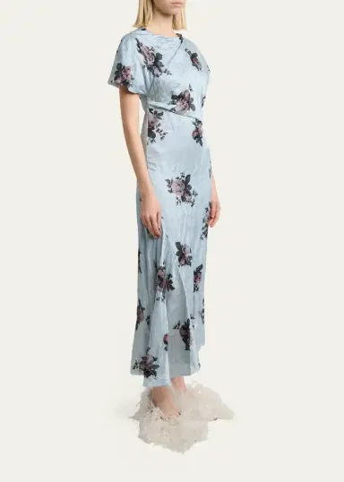 Erdem Floral Crushed Satin Short-Sleeve Asymmetric Midi Dress | Thumbnail 4 Erdem Floral Crushed Satin Short-Sleeve Asymmetric Midi Dress | Thumbnail 4