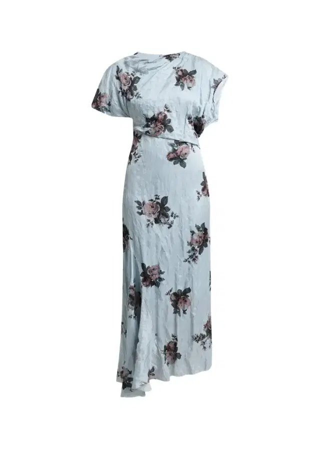 Floral Crushed Satin Short-Sleeve Asymmetric Midi Dress