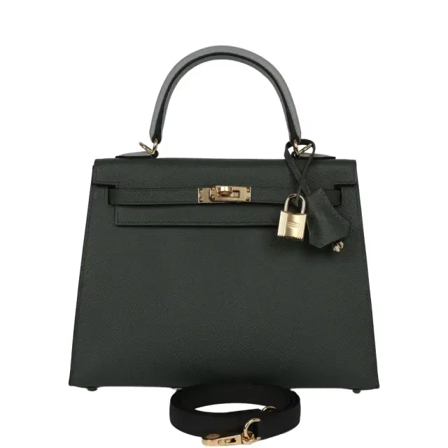HERMÈS Hermes Kelly Sellier 25 Tri-Color Vert Mangrove, Gris Pantin, Black Epsom Permabrass Hardware