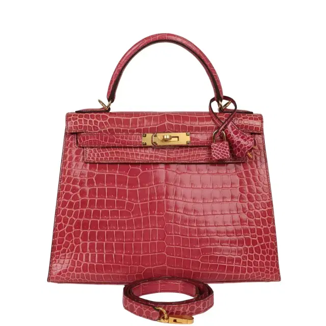 HERMÈS Pre-owned Hermes Kelly Sellier 28 Fuchsia Shiny Porosus Crocodile Gold Hardware