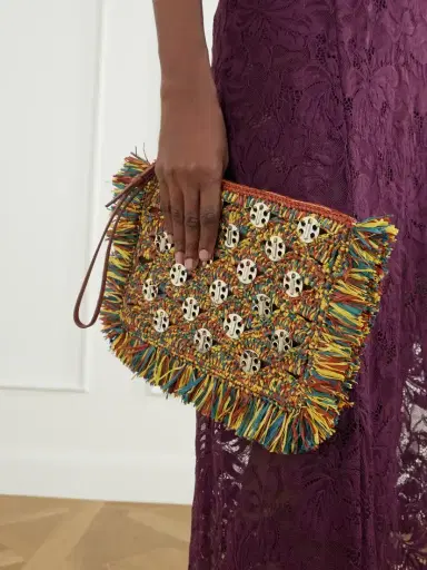 Rabanne Leather-trimmed Fringed Woven Raffia Clutch | Thumbnail 2