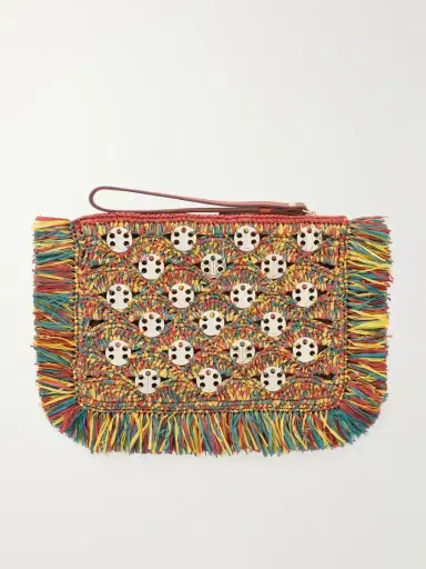 Rabanne Leather-trimmed Fringed Woven Raffia Clutch | Thumbnail 4