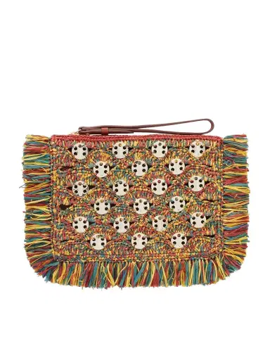Rabanne Leather-trimmed Fringed Woven Raffia Clutch | Thumbnail 1