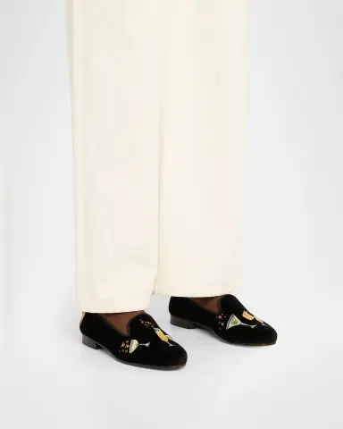 Stubbs and Wootton Men's Celebrate Black Velvet Slippers | Thumbnail 2