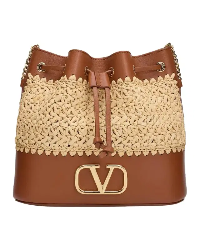 Valentino Garavani Mini Raffia & Leather Bucket Crossbody Bag
