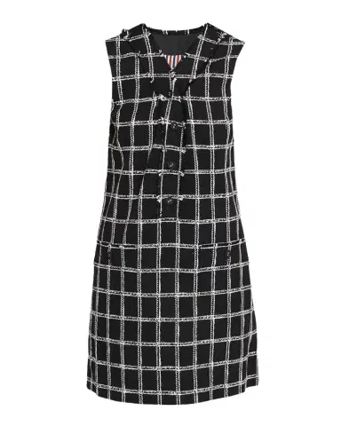 Thom Browne V-Neck Frayed Windowpane Tweed Mini Cardigan Dress | Thumbnail 1 Thom Browne V-Neck Frayed Windowpane Tweed Mini Cardigan Dress | Thumbnail 1