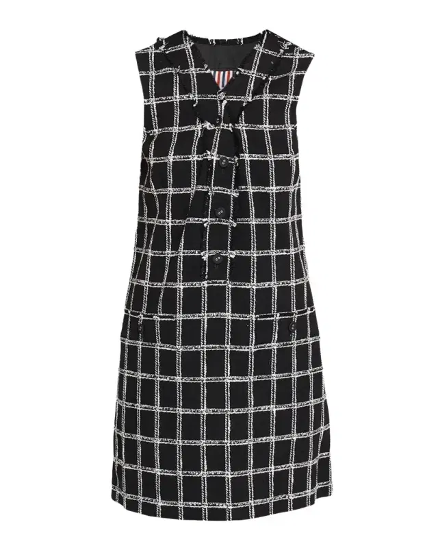 Thom Browne V-Neck Frayed Windowpane Tweed Mini Cardigan Dress