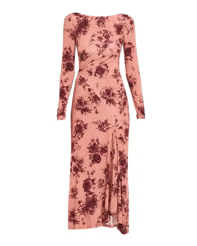 Lela Rose Floral Printed Jersey Long-Sleeve Midi Dress