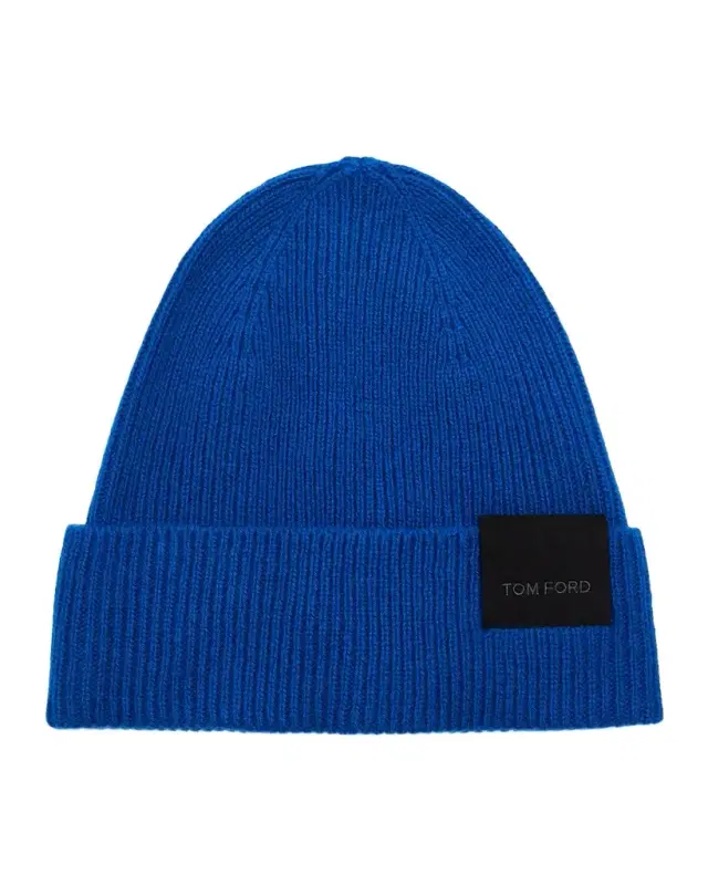 Men's Contrast-Label Cashmere Rib Beanie Hat