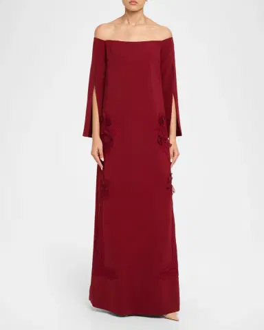 Lela Rose Floral Organza Embroidered Off-The-Shoulder Crepe Gown | Thumbnail 2 Lela Rose Floral Organza Embroidered Off-The-Shoulder Crepe Gown | Thumbnail 2
