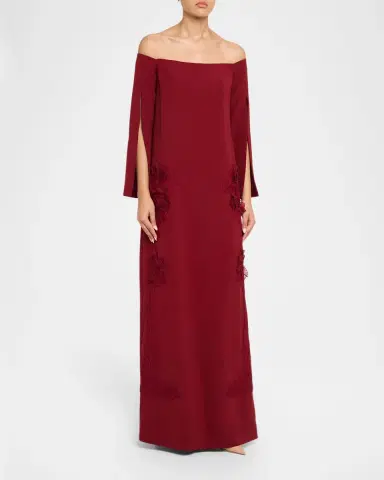 Lela Rose Floral Organza Embroidered Off-The-Shoulder Crepe Gown | Thumbnail 4 Lela Rose Floral Organza Embroidered Off-The-Shoulder Crepe Gown | Thumbnail 4