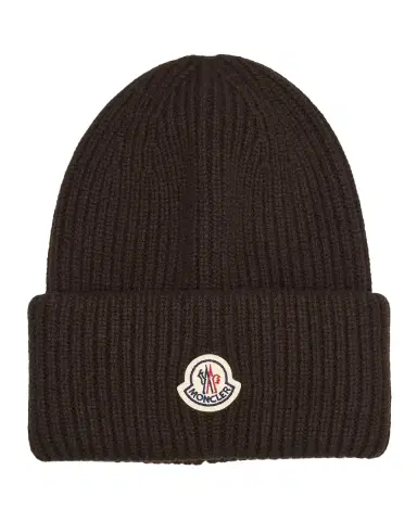 Moncler Men's Wool and Cashmere Ribbed Logo Beanie Hat | Thumbnail 2