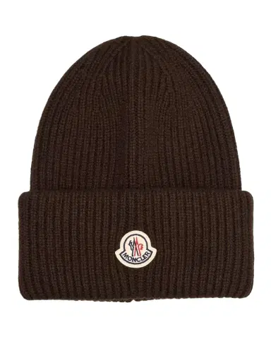 Moncler Men's Wool and Cashmere Ribbed Logo Beanie Hat | Thumbnail 1