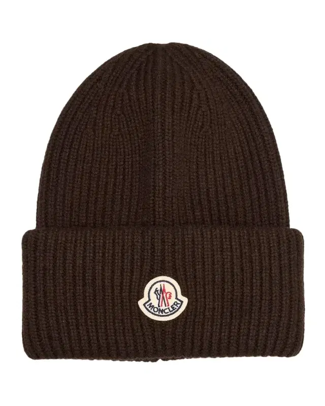 Moncler Men's Wool and Cashmere Ribbed Logo Beanie Hat
