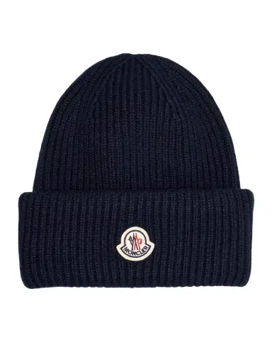 Moncler Men's Wool and Cashmere Ribbed Logo Beanie Hat | Thumbnail 2