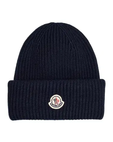 Moncler Men's Wool and Cashmere Ribbed Logo Beanie Hat | Thumbnail 1