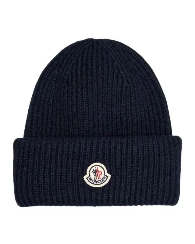 Moncler Men's Wool and Cashmere Ribbed Logo Beanie Hat