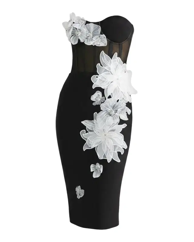 HELSI Rowan Strapless Floral Applique Bodycon Midi Dress