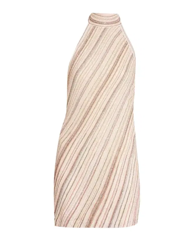 Missoni Sleeveless Metallic Diagonal Striped Mini Halter Dress