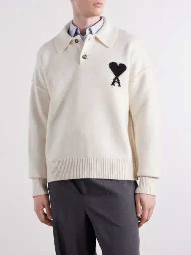 AMI PARIS Logo-Intarsia Wool Polo Sweater - Men | Thumbnail 3 AMI PARIS Logo-Intarsia Wool Polo Sweater - Men | Thumbnail 3