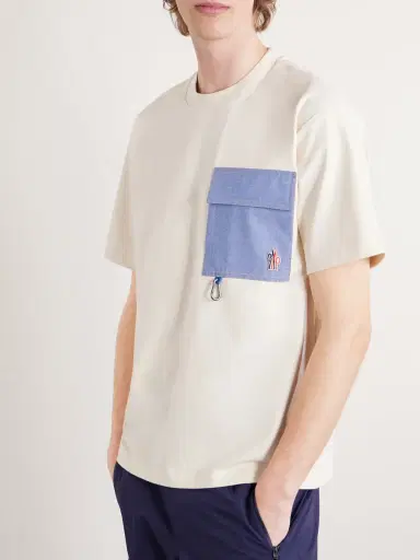 Moncler Grenoble Logo-Appliquéd Chambray-Trimmed Stretch Cotton-Jersey T-Shirt - Men | Thumbnail 3